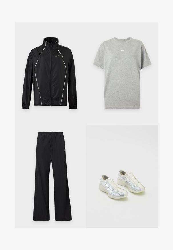 Čierna bunda Nike so zapínaním na celý zips, vysokým golierom, dlhými rukávmi a bielym reflexným lemovaním vpredu a na ramenách.; Šedé bavlnené tričko s krátkym rukávom, okrúhlym výstrihom a malým bielym logom Nike swoosh v strede na hrudi.; Čierne voľné športové nohavice s elastickým pásom a malým bielym logom Nike na ľavom stehne, zobrazené na bielom pozadí.; Nike Sportswear AIR SUPERFLY - Tenisky - pale ivory/silver-coloured