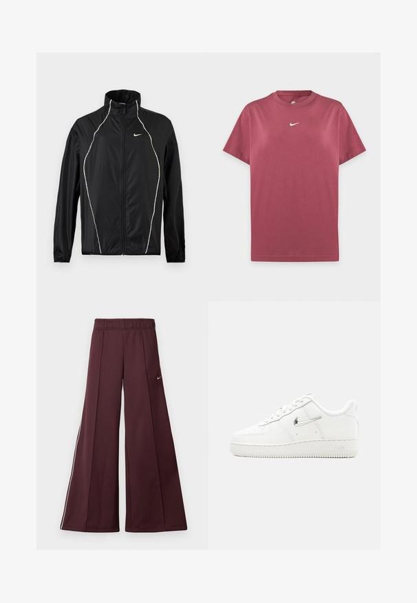 Sort Nike jakke med hel lynlås, høj krave, lange ærmer og hvide reflekterende piping langs fronten og skuldrene.; Enkelt vinrødt Nike T-shirt med korte ærmer, rund hals og lille hvid Nike swoosh-logo centreret på brystet.; Bordeaux bredde-bukser i et glat stof med elastisk talje og hvide striber på siden. Har et lille Nike-logo på venstre lår.; Hvid Nike Air Force 1 sneaker med metallisk sølv swoosh-logo, snørelukning foran, gennemhullet tå og tekstureret gummisål.