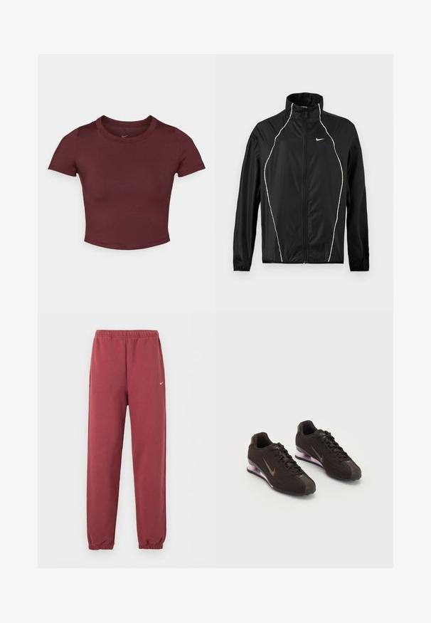 Čierna bunda Nike so zapínaním na celý zips, vysokým golierom, dlhými rukávmi a bielym reflexným lemovaním vpredu a na ramenách.; Marónová cropped tričko z hladkej elastickej látky. Má krátke rukávy a okrúhly výstrih, s nenápadným logom na hrudi.; Bordové elastické tepláky s malým bielym logom Nike na pravom stehne.; Čierne športové topánky s textúrovaným zvrškom, hnedými akcentmi a fialovou vzduchovo tlmenou podrážkou. Šnurovací dizajn s výrazným brandingom.