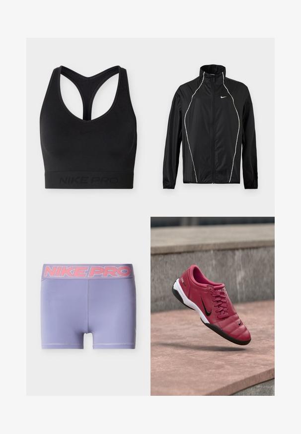 Μαύρο μπουφάν Nike με ολόκληρο φερμουάρ, ψηλό γιακά, μακριά μανίκια και λευκές ανακλαστικές λεπτομέρειες εμπρός και στους ώμους.; Μαύρο αθλητικό σουτιέν Nike Pro με σχεδιασμό racerback και ελαστική ταινία στο κάτω μέρος, διακοσμημένο διακριτικά με το λογότυπο και τη σήμανση της Nike.; Μωβ αθλητικές σορτς με φαρδιά ελαστική ζώνη μέσης Nike Pro σε ροζ χρώμα. Λείο, ελαφρύ ύφασμα με εφαρμοστή σχεδίαση και χωρίς διακριτές υφές.; Κόκκινο συνθετικό αθλητικό παπούτσι με παραγεμισμένο σχέδιο, μαύρες λεπτομέρειες και λευκή σόλα. Διαθέτει κορδόνια και παχύ κολάρο για άνεση.