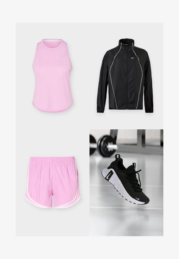 Veste Nike noire à fermeture éclair intégrale, col montant, manches longues et passepoil réfléchissant blanc sur le devant et les épaules.; Débardeur de sport rose clair sans manches avec encolure ronde et petit logo blanc Nike Swoosh sur la poitrine.; Shorts de sport roses avec taille élastique et bordure blanche, avec des panneaux latéraux en maille légère et un petit logo réfléchissant à l'avant.; Chaussure de sport noire avec une tige en tissu texturé, une semelle blanche et un système de laçage prononcé. Présente un logo Nike et un design doux et rembourré.
