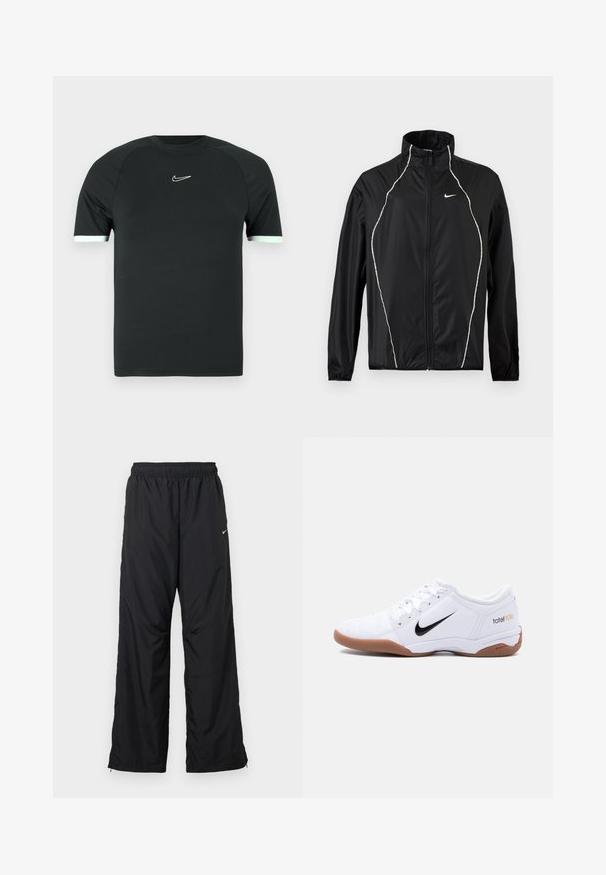 Μαύρο μπουφάν Nike με ολόκληρο φερμουάρ, ψηλό γιακά, μακριά μανίκια και λευκές ανακλαστικές λεπτομέρειες εμπρός και στους ώμους.; Μαύρο αθλητικό μπλουζάκι από λείο ύφασμα. Διαθέτει κοντά μανίκια με άσπρη επένδυση και μικρό λευκό λογότυπο στο στήθος.; Μαύρο αθλητικό παντελόνι με ελαστική ζωνη στη μέση, πλαϊνές τσέπες και χαλαρή εφαρμογή. Κατασκευασμένο από ελαφρύ, λείο ύφασμα με διακριτική γυαλάδα.; Άσπρο παπούτσι ποδοσφαίρου Nike Total 90 III για εσωτερικούς χώρους με μαύρο λογότυπο Swoosh και καφέ σόλα, εμφανιζόμενο από το πλάι σε απλό φόντο.