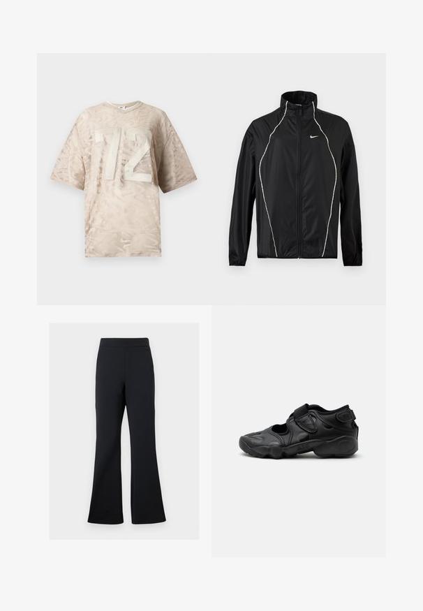 Sort Nike jakke med hel lynlås, høj krave, lange ærmer og hvide reflekterende piping langs fronten og skuldrene.; Beige net kortærmet skjorte med et subtilt abstrakt mønster og stort hvidt nummer "72" foran.; Sorte flared bukser lavet af blødt stof med elastisk talje og en diskret sidelomme, der har en glat tekstur og minimalistisk design.; Sort atletisk sandal med lukket tå, velcro stropper ved mellemfoden og hælen samt tyk polstret sål markeret med "AIR" på siden.