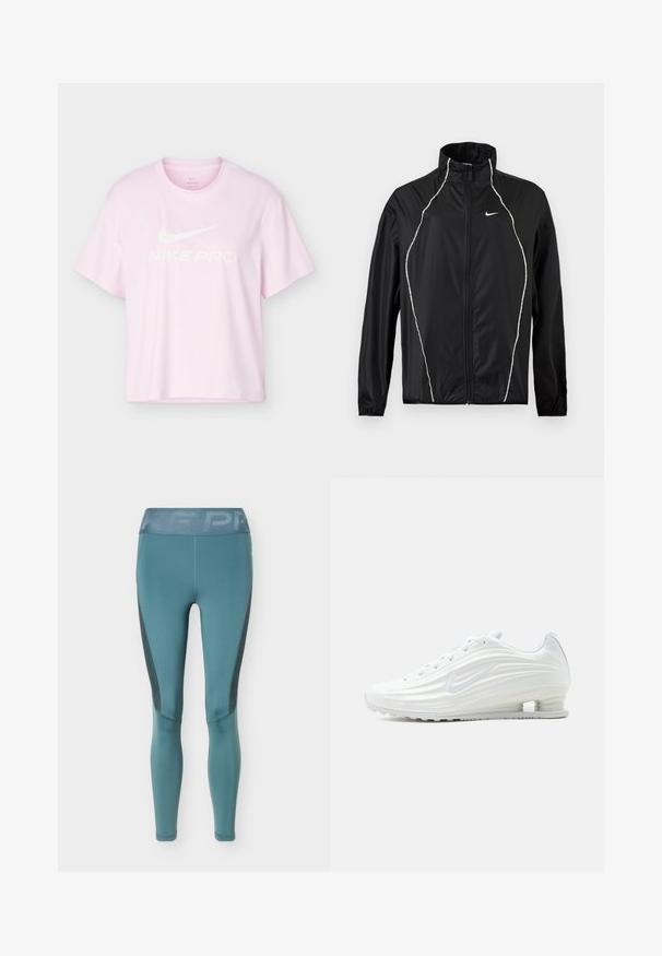 Μαύρο μπουφάν Nike με ολόκληρο φερμουάρ, ψηλό γιακά, μακριά μανίκια και λευκές ανακλαστικές λεπτομέρειες εμπρός και στους ώμους.; Ροζ ανοιχτό κοντομάνικο μπλουζάκι Nike Pro με στρογγυλή λαιμόκοψη, λευκό λογότυπο Nike Swoosh και κείμενο "NIKE PRO" στο μπροστινό μέρος.; Μπλε αθλητικό κολάν με πιο σκουρόχρωμες πλευρικές φάσεις και φαρδύ ζωνάρι με διακριτικό σχέδιο κειμένου.; Λευκό αθλητικό παπούτσι Nike με υφή κυματιστών μοτίβων και ορατό αερόσακο στη σόλα, σε πλευρική όψη σε ουδέτερο φόντο.
