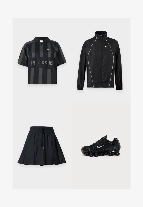 Veste Nike noire à fermeture éclair intégrale, col montant, manches longues et passepoil réfléchissant blanc sur le devant et les épaules.; Polo Nike manches courtes à rayures verticales noires et gris foncé, col, virgule Nike blanche et grand texte NIKE sur la poitrine.; Jupe plissée noire avec ceinture élastique et cordon de serrage, longueur genou, présentée sur un fond gris clair uni.; Chaussure de sport Nike noire avec logo Swoosh argenté, tige en mesh et synthétique, et semelle coussinée segmentée distinctive.