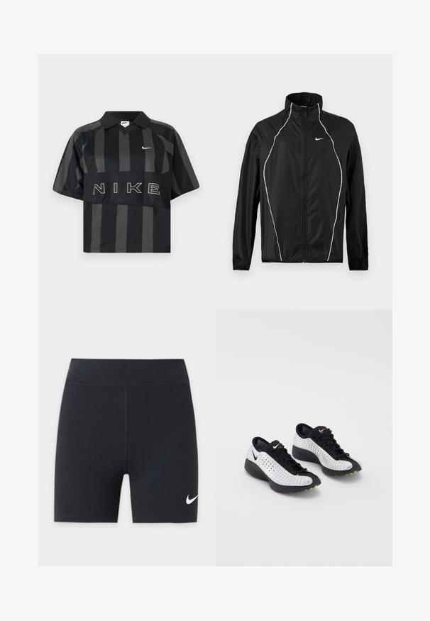 Veste Nike noire à fermeture éclair intégrale, col montant, manches longues et passepoil réfléchissant blanc sur le devant et les épaules.; Polo Nike manches courtes à rayures verticales noires et gris foncé, col, virgule Nike blanche et grand texte NIKE sur la poitrine.; Short de sport noir avec un logo Nike swoosh blanc sur le bas de la jambe gauche, doté d'une taille haute et d'une couture centrale à l'avant.; Baskets Nike avec un uppers blanc perforé, des accents noirs, un bout arrondi et une semelle épaisse noire avec des touches de vert.