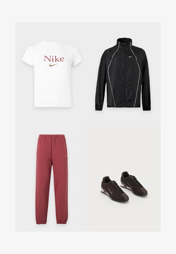 Μαύρο μπουφάν Nike με ολόκληρο φερμουάρ, ψηλό γιακά, μακριά μανίκια και λευκές ανακλαστικές λεπτομέρειες εμπρός και στους ώμους.; Λευκό κοντομάνικο μπλουζάκι με κόκκινο κείμενο "Nike" και λογότυπο Nike swoosh σε λεοπάρ σχέδιο κεντραρισμένο στο στήθος.; Μπορντό ελαστικό παντελόνι τζόγκινγκ με μικρό λευκό λογότυπο Nike στο δεξί μηρό.; Μαύρα αθλητικά παπούτσια με υφή στο πάνω μέρος, καφέ λεπτομέρειες και μωβ σόλα με αερόστρωση. Σχέδιο με κορδόνια και έντονη σήμανση.