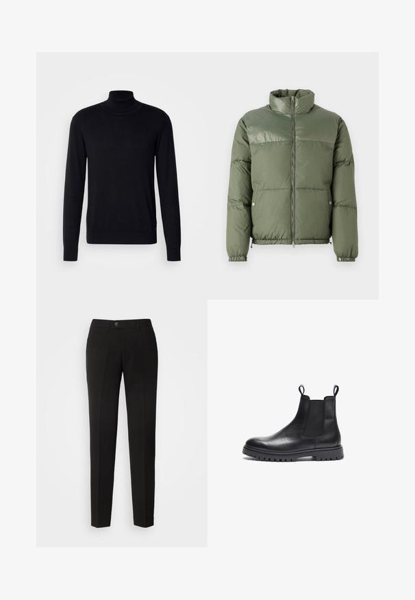Replay WINTER PUFFER - Veste d'hiver - army green; Pull à col montant noir en tissu doux. Doté de manches longues, d'un col et de poignets côtelés, avec une texture lisse et sans motifs.; Pantalons droits noirs en tissu lisse, dotés d'une fermeture à bouton et de poches latérales avec un design classique.; Bottes Chelsea en cuir noir avec une finition texturée, des panneaux latéraux élastiques et des tirants. Présente une semelle en caoutchouc épaisse avec un profil antidérapant.