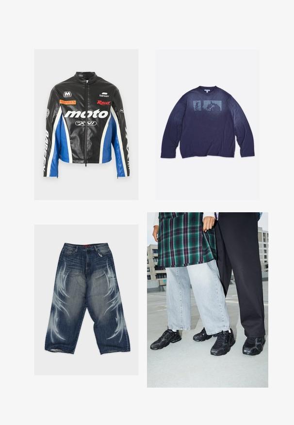Sort og blå lædermotorcykeljakke med hvide striber, frontlynlås og flere racerstil-logoer, herunder "moto" og "Bareen."; Marineblå langærmet crewneck-shirt med to falmede rektangulære hundeillustrationer og lille bloktekst på brystet.; Blå denim vidde bukser med grafiske lyseblå designs på begge sider, med en falmet vask, fem-lomme design og frynset kant.; Sorte atletik sko med mesh- og gummidetaljer. Båret med lysegrå vide jeans og en ternet grøn bluse. Flad overflade i baggrunden.