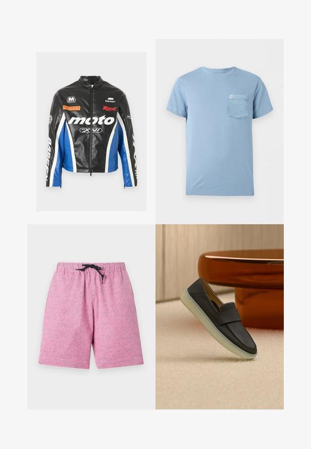 Veste de moto en cuir noir et bleu avec des rayures blanches, une fermeture éclair frontale et plusieurs logos de style course, dont "moto" et "Bareen."; T-shirt en coton bleu clair à manches courtes avec col rond et poche poitrine avec petite étiquette blanche du logo GAP.; Shorts de bain roses à motifs avec une taille élastique et un cordon noir. Le matériau semble léger avec une surface texturée.; Mocassin en cuir noir avec une semelle blanche épaisse, présenté sur un tapis beige à côté d'une table ronde de couleur ambre.