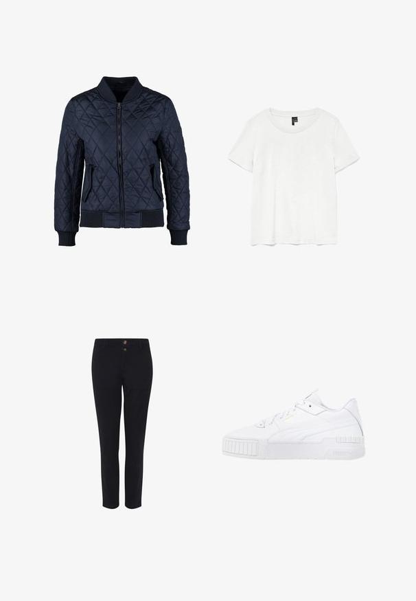 Veste bomber matelassée bleue marine avec fermeture éclair à l'avant, poignets et ourlet côtelés, deux poches latérales et un motif en losanges sur le tissu.; T-shirt blanc à manches courtes avec un col rond, fabriqué en tissu léger. Design simple, texture lisse et ourlet droit.; Pantalons noirs sur mesure en tissu mélangé coton, avec deux boutons à l'avant, une coupe droite et une texture lisse. Aucun motif visible.; Puma CALI SPORT - Baskets basses - white
