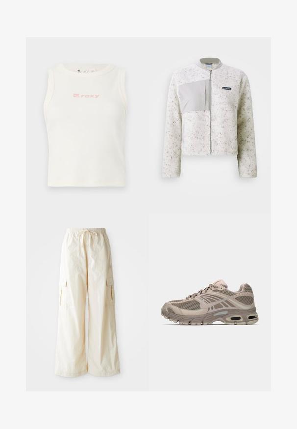 Veste en polaire blanche avec un panneau gris lisse à gauche, fermeture éclair et col côtelé. Surface texturée avec des speckles subtiles.; Débardeur blanc côtelé avec un col rond et un petit logo "Roxy" rose sur la poitrine. Texture lisse, design ajusté, sans manches.; Pantalons cargo à jambes larges en tissu beige clair avec une taille élastique, un cordon de serrage et des poches latérales. Texture douce avec un minimum de détails.; Chaussure de sport beige avec tige en mesh, accents moulés, bout arrondi et amorti d'air visible dans la semelle. Lacets de couleur neutre.