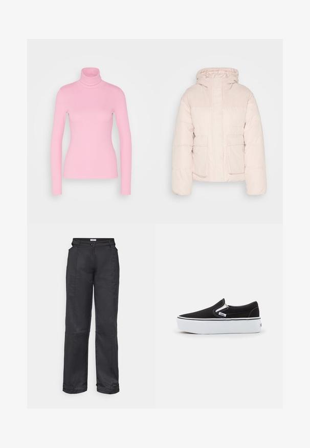 Polstret jakke i lyserød med en tekstureret, ribbet overdel. Har en hætte, trykknapper og to forreste påsyede lommer.; Even&Odd by Zalando Langærmet T-shirt - pink; Envii EMBLA PANTS CUT - Bukser - black; Sorte canvas slip-on sko med en hvid gummi sål, der har elastiske sidelåg og kontrasterende syninger. Brandlogo synligt på siden.