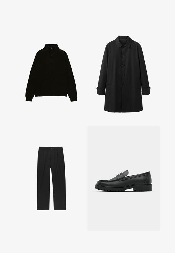 Manteau noir pour hommes à manches longues avec fermeture à boutons, col pointu, poches latérales et poignets boutonnés, présenté sur un fond blanc.; Pull noir en maille avec col montant et fermeture zip quart. Présente une texture côtelée et des épaules tombantes pour un ajustement décontracté.; Pantalons noirs au design droit, fabriqués à partir d'un tissu lisse. Dotés de plis sur le devant et d'une fermeture à un bouton à la taille.; Mocassins en cuir noir à bout arrondi, avec un design cousu, une semelle plateforme basse et une semelle en caoutchouc texturée et crantée.