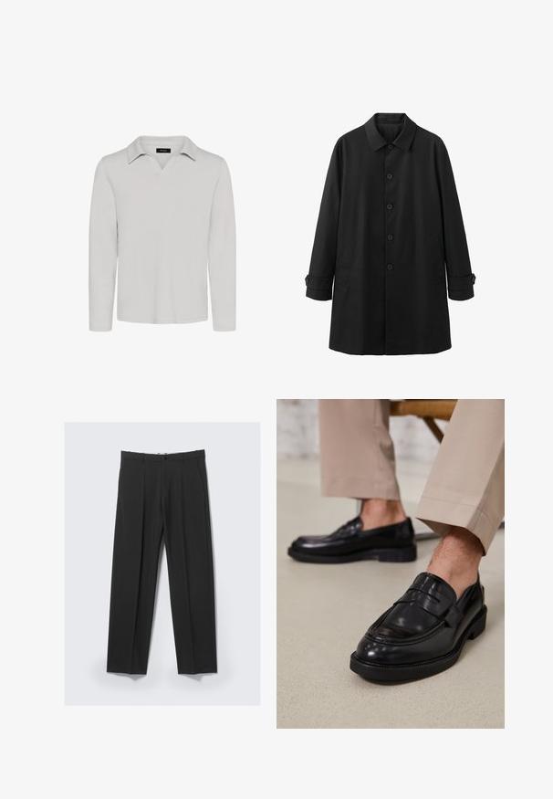 Sort langærmet herrefrakke med knaplukning, spids krave, sidelommer og knapper ved manchetterne, vist på hvid baggrund.; Matinique MAV - Poloshirts - lunar rock; Sorte skræddersyede bukser med forreste plisseringer, sidelommer, bæltestropper og knaplukning ved linningen på en lys baggrund.; Sorte lædermokkasiner med en glat overflade, der har en dekorativ rem og kontraststing, parret med beige bukser.