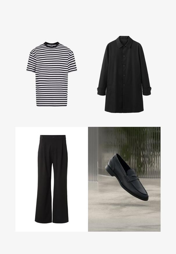 Sort langærmet herrefrakke med knaplukning, spids krave, sidelommer og knapper ved manchetterne, vist på hvid baggrund.; Sort og hvid horisontalt stribet kortærmet t-shirt med en sort krave, mærket Urban Classics, størrelse medium.; Sorte bukser med vide ben, frontplisser, knaplukket linning og bæltestropper, vist mod en hvid baggrund.; Sort læderloafer med glat finish, spids tå og sømdetaljer over vristen. Lav hæl og minimalistisk design.