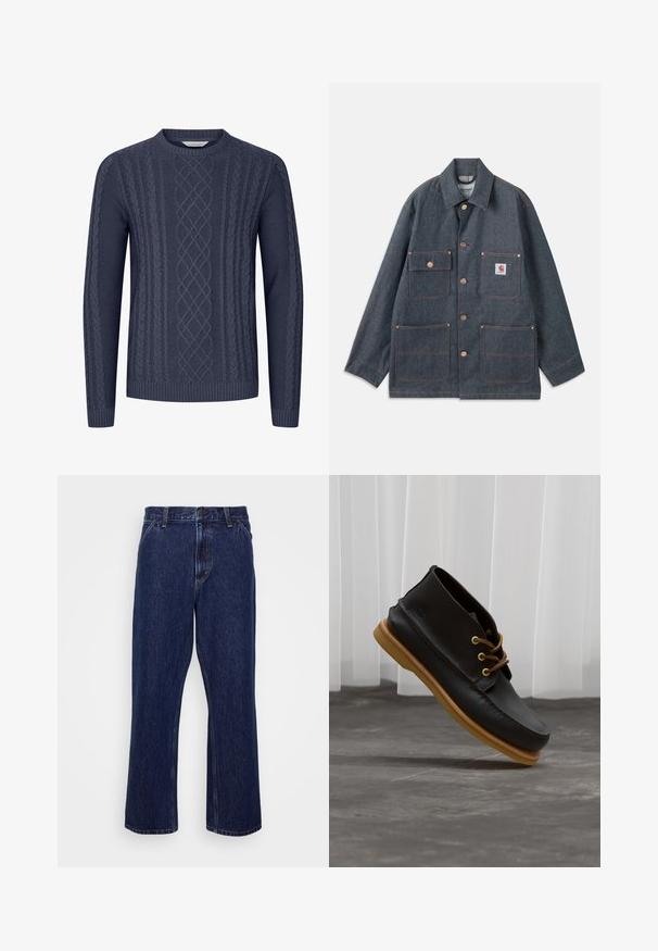 Veste en jean bleu foncé à coupe décontractée, dotée de boutons en cuivre et de quatre poches frontales. Coutures contrastées sur toute la surface.; Pull en maille bleu marine avec des motifs de torsade texturés, col rond et poignets et ourlet côtelés. Fabriqué en tissu doux et durable.; Jeans en denim bleu foncé avec une coupe droite, dotés d'une fermeture à bouton, d'un style à cinq poches et de détails de couture subtils.; Chaussures en cuir noir avec une finition lisse, bout rond, lacets marron et semelles en caoutchouc marron clair. Logo embossé sur le côté.