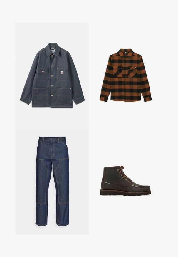 Spijkerjack in donkerblauw met een losse pasvorm, voorzien van koperen knopen en vier voorzakken. Contrasterende stiksels over het gehele kledingstuk.; Langarmshirt in een oranje en zwart geruit patroon, gemaakt van een gestructureerde stof. Heeft twee borstzakken en een knoopsluiting aan de voorkant.; Donkerblauwe denim jeans met een hoge taille, rechte pijpen, contrasterende stiksels en opgestikte zakken aan de voorkant.; Sebago Veterboots - marrone