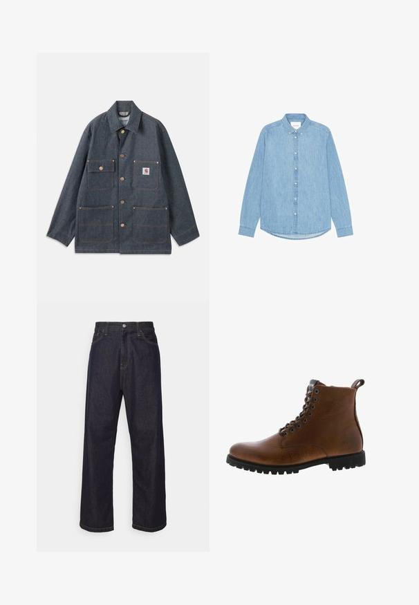 Jeansjacke in Dunkelblau mit lässiger Passform, ausgestattet mit Kupferknöpfen und vier Fronttaschen. Kontrastnähte durchgehend.; Hellblaues Denim-Hemd mit Knöpfen, langen Ärmeln, spitzem Kragen und abgerundetem Saum. Verfügt über eine vordere Knopfverschlussleiste und ein kleines Logodetail.; Dunkelblaue Jeans im geraden Schnitt mit gelben Nähten, Knopfverschluss, Reißverschluss und Fünf-Taschen-Design.; Braune Lederstiefeletten mit strukturiertem Finish, metallischen Ösen und schwarzer Gummisohle. Mit Zuglasche hinten für einfaches An- und Ausziehen.