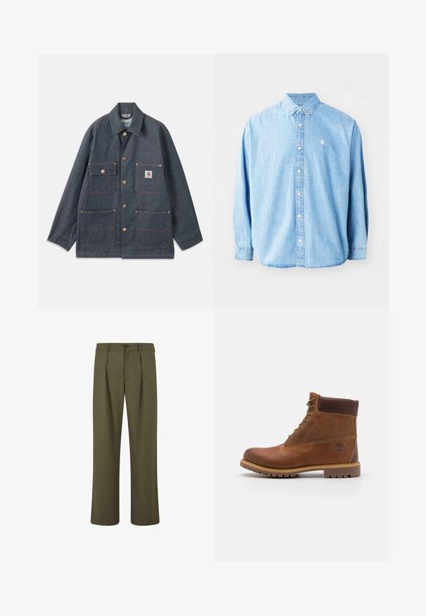 Veste en jean bleu foncé à coupe décontractée, dotée de boutons en cuivre et de quatre poches frontales. Coutures contrastées sur toute la surface.; Chemise en denim bleu clair à boutons avec manches longues, col pointu et petit logo sur la poitrine gauche. Offre une coupe décontractée et un design classique.; Pantalons vert olive avec une coupe ajustée, présentant des plis à l'avant, une fermeture à bouton et des jambes droites. Texture de tissu lisse.; Botte de randonnée en cuir marron avec une finition lisse, cheville rembourrée, œillets en métal et semelle en caoutchouc dotée d'un motif de crampons robuste.