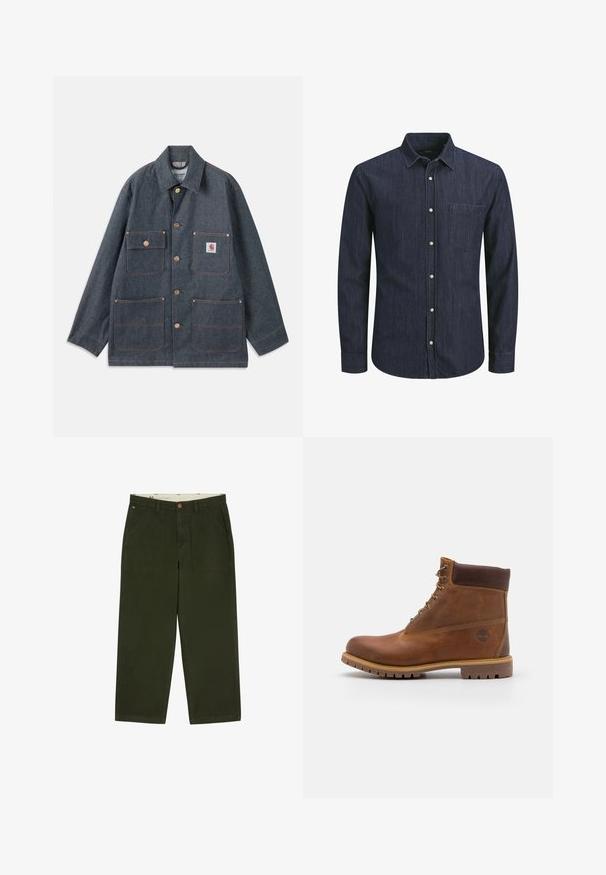 Veste en jean bleu foncé à coupe décontractée, dotée de boutons en cuivre et de quatre poches frontales. Coutures contrastées sur toute la surface.; Chemise en denim bleu foncé à manches longues, avec un col boutonné, une poche avant et des boutons blancs. Tissu texturé avec des lignes horizontales.; Pantalon droit vert foncé avec poches plaquées à l'avant et passants de ceinture, présenté à plat sur fond blanc.; Botte de randonnée en cuir marron avec une finition lisse, cheville rembourrée, œillets en métal et semelle en caoutchouc dotée d'un motif de crampons robuste.