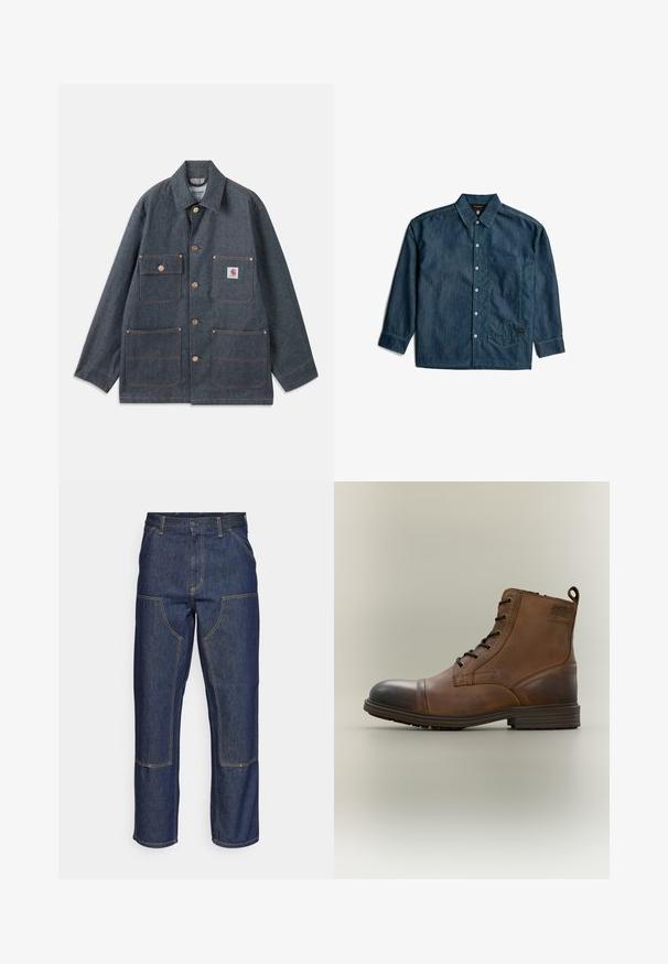 Spijkerjack in donkerblauw met een losse pasvorm, voorzien van koperen knopen en vier voorzakken. Contrasterende stiksels over het gehele kledingstuk.; Donkerblauw denim overhemd met lange mouwen, knopen aan de voorkant, spitse kraag en een grote rechthoekige borstzak aan de rechterkant.; Donkerblauwe denim jeans met een hoge taille, rechte pijpen, contrasterende stiksels en opgestikte zakken aan de voorkant.; Bruine leren enkellaars met veters, zwarte neuskap, ronde zool en merkdetail aan de zijkant tegen een effen achtergrond.