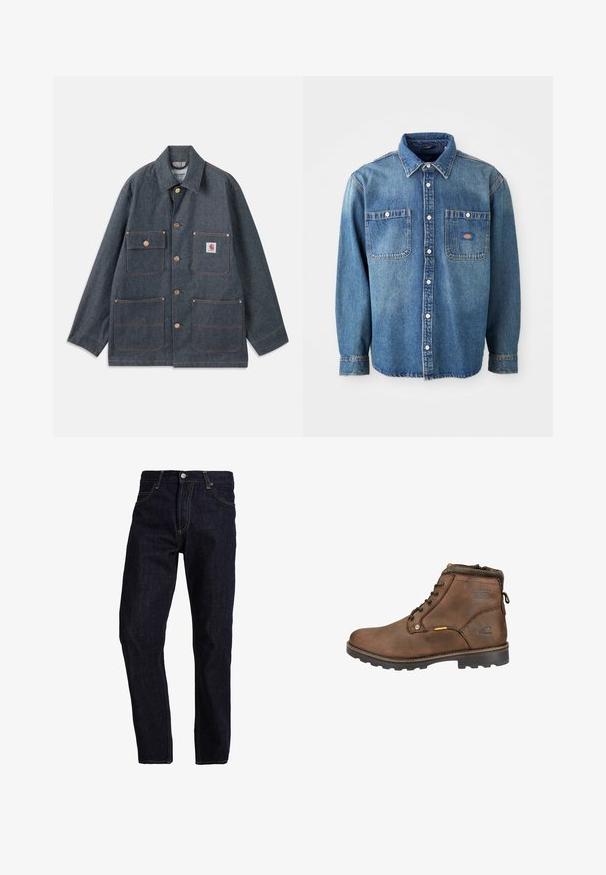 Denimjakke i mørkeblå med afslappet pasform, udstyret med kobberknapper og fire forlommer. Kontrastsyninger hele vejen rundt.; Denimskjorte i mellemblå, med spidse kraver, to brystlommer og sølvknapper. Lange ærmer med knapmanchetter.; Mørkeblå denim jeans med lige pasform, med gul syning, fem lommer og en klassisk knap- og lynlås lukning.; Brune læder ankelstøvle med afrundet tå, snørebåndsdesign, polstret krave og tekstureret gummisål. Har logo og metal-accenter.