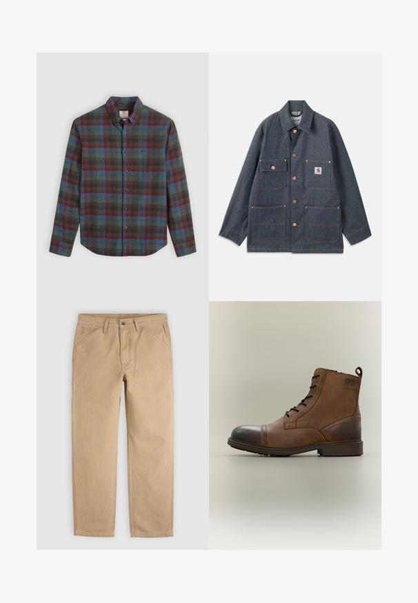 Veste en jean bleu foncé à coupe décontractée, dotée de boutons en cuivre et de quatre poches frontales. Coutures contrastées sur toute la surface.; Chemise à manches longues pour hommes avec un motif tartan rouge, bleu et vert, col écarté et une poche poitrine.; Pantalon droit beige décontracté avec poches avant, passants pour ceinture et fermeture par bouton, présenté à plat sur un fond clair.; Botte cheville en cuir marron à lacets avec bout noir, semelle ronde et détail de marque sur le côté sur fond uni.