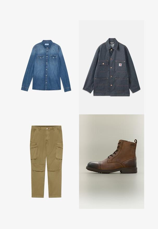 Denimjakke i mørkeblå med afslappet pasform, udstyret med kobberknapper og fire forlommer. Kontrastsyninger hele vejen rundt.; Mørkeblå denimskjorte med lange ærmer, klassisk krave, knaplukning fortil, to brystlommer og kontrasterende stiklinger på sømmene.; Khaki cargobukser med knap- og lynlåslukning, der har sidelommer med klap og skrå forlommer.; Brun læderstøvle med snørebånd, sort tåhætte, rund sål og mærket detalje på siden mod ensfarvet baggrund.