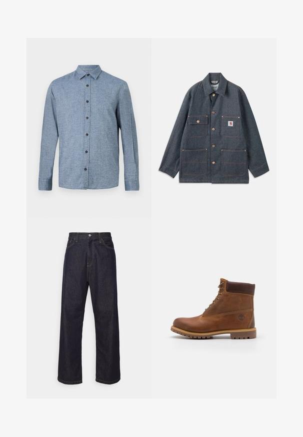 Denimjakke i mørkeblå med afslappet pasform, udstyret med kobberknapper og fire forlommer. Kontrastsyninger hele vejen rundt.; Langærmet button-up skjorte i lyseblåt stof med tekstureret væv, med krave og seks mørkeblå knapper ned ad fronten.; Mørkeblå lige ben denim jeans med gul syning, frontknap, lynlås og fem-lommer design.; Brun læder vandrestøvle med en glat finish, polstret ankel, metalliske snørehuller og en gummisål med et robust dækmønster.