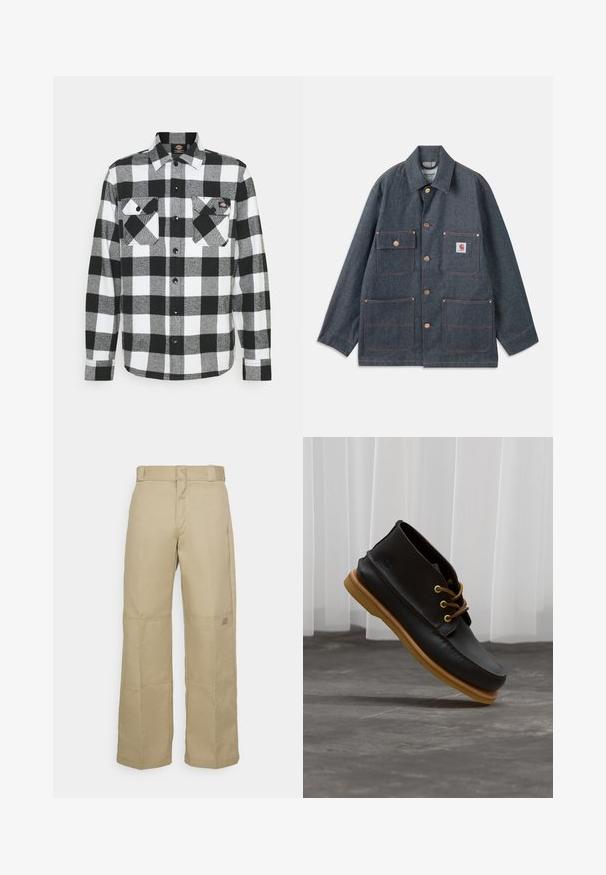 Veste en jean bleu foncé à coupe décontractée, dotée de boutons en cuivre et de quatre poches frontales. Coutures contrastées sur toute la surface.; Chemise en flanelle noir et blanc avec un motif à carreaux, présentant deux poches poitrine, un devant boutonné et un col. Tissu doux et texturé.; Pantalons larges beiges en tissu résistant, dotés d'une taille haute, de coutures visibles et d'un petit logo sur le côté.; Chaussures en cuir noir avec une finition lisse, bout rond, lacets marron et semelles en caoutchouc marron clair. Logo embossé sur le côté.