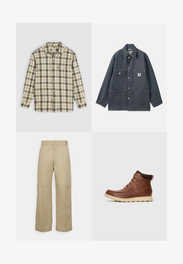 Denimjakke i mørkeblå med afslappet pasform, udstyret med kobberknapper og fire forlommer. Kontrastsyninger hele vejen rundt.; Langærmet ternet skjorte i beige, sort og brun stof, med knaplukning, to brystlommer og klassisk krave-design.; Beige brede benbukser lavet af robust stof, med høj talje, synlig syning og et lille logo-patch på siden.; Brune læder snøresko til anklerne med beigefarvet sål og polstret krave, designet til vandtæt brug.