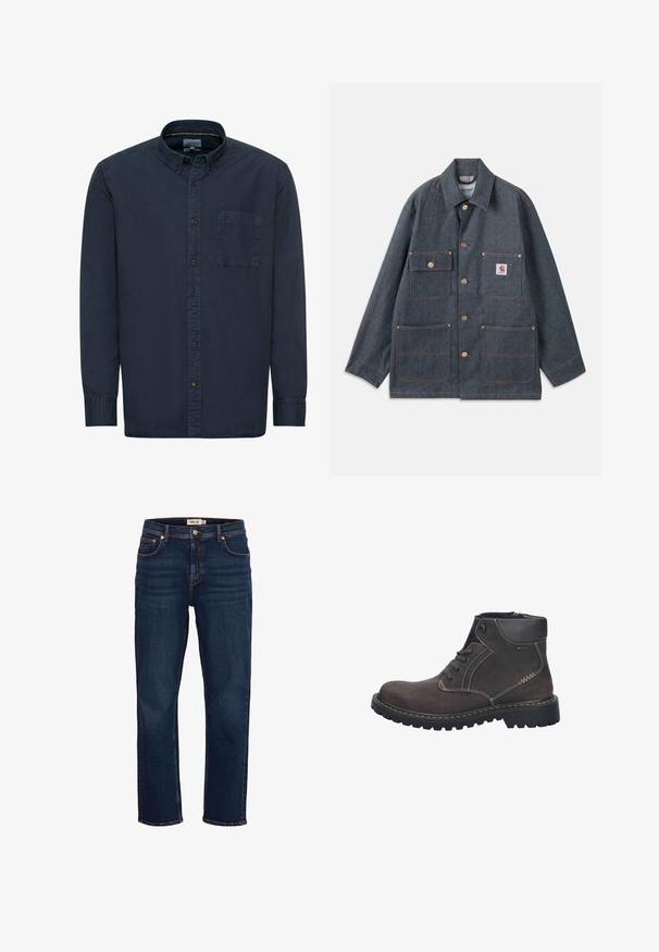 Jeansjacke in Dunkelblau mit lässiger Passform, ausgestattet mit Kupferknöpfen und vier Fronttaschen. Kontrastnähte durchgehend.; Marineblaue Button-Down-Hemd aus Baumwolle. Verfügt über einen klassischen Kragen, lange Ärmel, eine einzelne Brusttasche und dezente Nähdetails.; Dunkelblaue Jeans mit geradem Bein, vorderen Knöpfen und Taschen, die ein leichtes Verblassen an den Oberschenkeln zeigen.; Josef Seibel CHANCE - Schnürstiefelette - moro