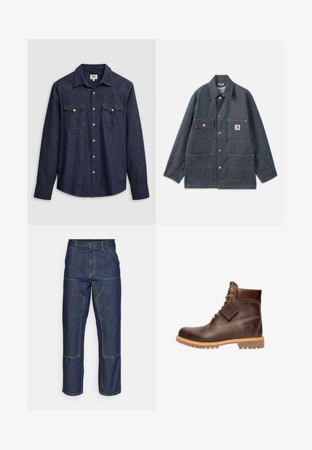 Denimjakke i mørkeblå med afslappet pasform, udstyret med kobberknapper og fire forlommer. Kontrastsyninger hele vejen rundt.; Mørkeblå denimskjorte med spids krave, trykknapper og brystlommer. Har syningsdetaljer og lange ærmer.; Mørkeblå denim jeans med høj talje, lige ben-design, kontrastsyninger og lappelommer foran.; Brun læder ankelstøvle med rund tå, solid sål, hardware i guldtone og en tekstureret overdel. Inkluderer et logo-tagfæstet.