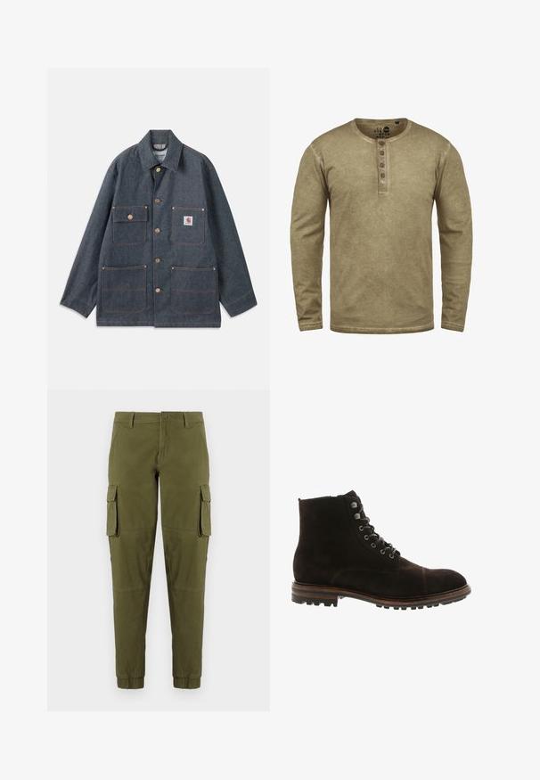 Jeansjacke in Dunkelblau mit lässiger Passform, ausgestattet mit Kupferknöpfen und vier Fronttaschen. Kontrastnähte durchgehend.; Solid SDTIMUR - Langarmshirt - dune; Olivgrüne Cargo-Hosen mit elastischen Bündchen, ausgestattet mit zwei seitlichen Cargo-Taschen, einem vorderen Knopfverschluss und einem glatten, leichten Stoff.; Blackstone Schnürstiefelette - brown