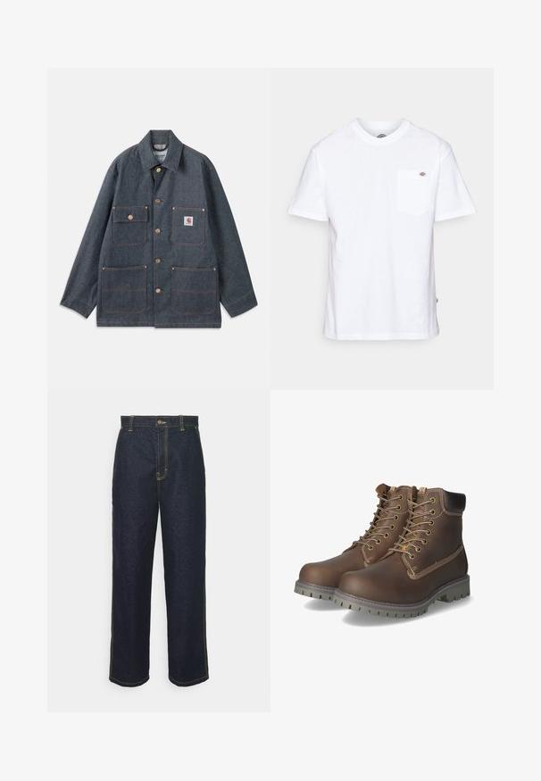 Denimjakke i mørkeblå med afslappet pasform, udstyret med kobberknapper og fire forlommer. Kontrastsyninger hele vejen rundt.; Hvid bomulds t-shirt med rund halsudskæring, korte ærmer og en brystlomme med et lille mærke-logo på venstre side.; Bredde ben mørke denim jeans med gul syning, der har en frontlukning med knap og sidelommer. Glat tekstur og traditionelt design.; Brune læder ankelstøvler med snørebånd, polstret krave, kontrasterende syninger og slidstærk gummisål med skridsikre mønstre.
