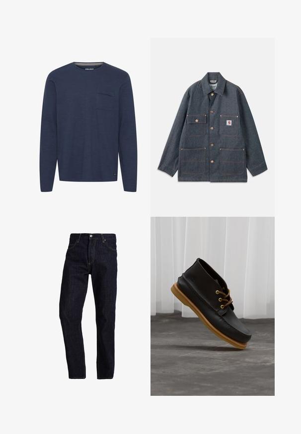 Jeansjacke in Dunkelblau mit lässiger Passform, ausgestattet mit Kupferknöpfen und vier Fronttaschen. Kontrastnähte durchgehend.; Langärmliges navyblaues Hemd aus strukturiertem Stoff, mit einer Brusttasche und einem Rundhalskragen, der innen mit einem dezenten Streifen akzentuiert ist.; Dunkelblaue Jeans aus Denim mit geradem Schnitt, ausgestattet mit gelben Nähten, fünf Taschen und einem klassischen Knopf- und Reißverschluss.; Schwarze Lederschuhe mit glatter Oberfläche, runder Zehenform, braunen Schnürsenkeln und hellbraunen Gummisohlen. Logo an der Seite geprägt.