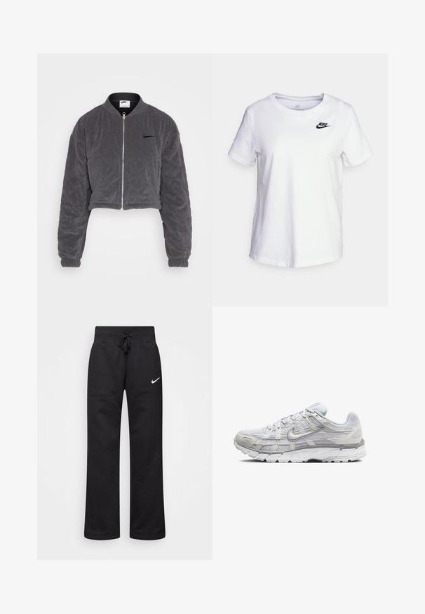 Beskaaret grå bomberjakke lavet af blødt, quiltet materiale. Har en frontlynlås, ribbet krave og elastiske manchetter. Nike-logo på brystet.; Hvid bomulds t-shirt med rund halsudskæring og korte ærmer. Har et sort Nike-logo i det øverste venstre brystområde.; Sorte sweatpants lavet af en bomuldsblanding, med en snøre i taljen, lige ben og et hvidt Nike-logo på venstre side.; Lys grå atletik sko med en overdel i mesh og syntetiske materialer, der har snørebånd, polstret krave og struktureret sål for godt greb.