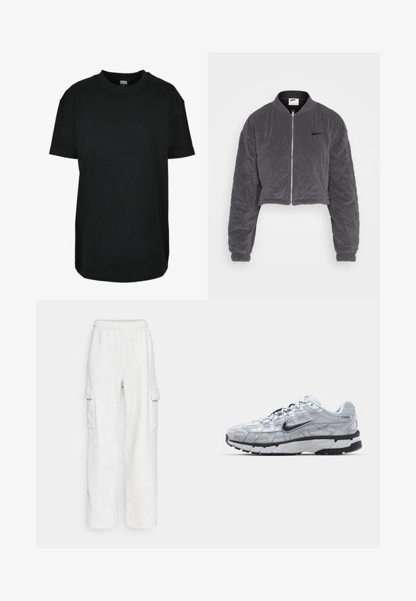 Gekürzte graue Bomberjacke aus weichem, gesteppte Material. Mit einem Frontreißverschluss, geripptem Kragen und elastischen Bündchen. Nike-Logo auf der Brust.; Schwarzes T-Shirt mit kurzen Ärmeln und Rundhalsausschnitt in Größe XS mit dem Etikett "Urban Classics" innen am Kragen.; Hollister Co. CARGO WIDE LEG - Jogginghose - grey; Nike P-6000 Sneakers mit einem Obermaterial aus leichtem grauem Mesh, schwarzen Akzenten und einer langlebigen schwarzen Gummisohle. Verfügt über ein komplexes Design und ein Schnürsystem.