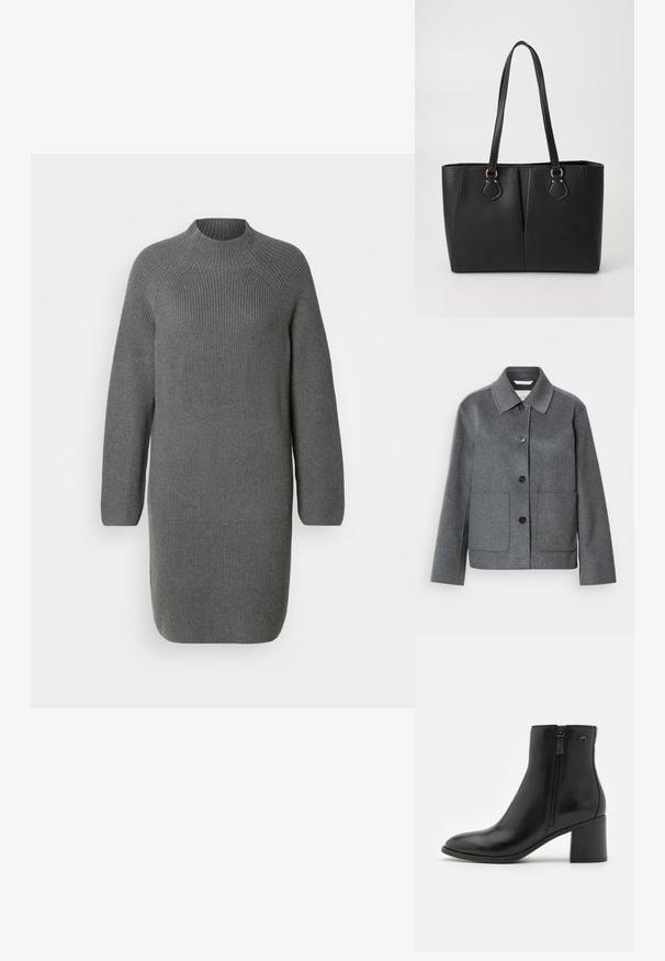 Veste en mélange de laine grise avec col, fermeture boutonnée à l'avant et deux grandes poches. Manches droites avec une texture lisse.; Robe en tricot grise avec un col haut et des manches longues, présentant une texture côtelée et une coupe droite légèrement ample. Pas de motifs ni d'accents visibles.; Bottines noires en cuir lisse avec une fermeture éclair sur le côté. Présentent un bout pointu et un talon bloc texturé pour plus de stabilité.; Sac fourre-tout noir en simili cuir avec une finition texturée, deux longues poignées et des accents en métal doré sur le côté. Shape rectangulaire.