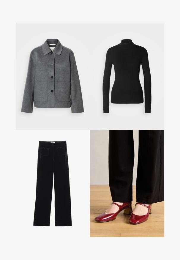 Veste en mélange de laine grise avec col, fermeture boutonnée à l'avant et deux grandes poches. Manches droites avec une texture lisse.; Pull à col roulé noir en maille légère. Il possède des manches longues, une coupe ajustée et une texture côtelée douce.; Pantalons larges en velours noir avec deux poches arrière et une texture lisse, présentant une coupe droite et une finition ourlée aux chevilles.; Talons Mary Jane en cuir verni rouge avec un bout carré, une sangle sur le cou-de-pied et un petit talon bloc. Portés avec un pantalon noir.