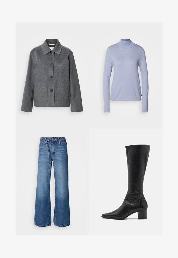 Veste en mélange de laine grise avec col, fermeture boutonnée à l'avant et deux grandes poches. Manches droites avec une texture lisse.; Haut à col roulé manches longues bleu clair, fabriqué en tissu doux, présentant un design ajusté et une texture lisse. Style minimaliste sans motifs.; Jean large bleu clair en denim. Présente une taille haute, des coutures visibles et une ceinture à nouer. Texture décolorée vers le bas.; Botte en cuir noire arrivant au genou avec un bout pointu, des détails de couture minimum et un talon carré épais. Texture lisse avec un fini brillant.