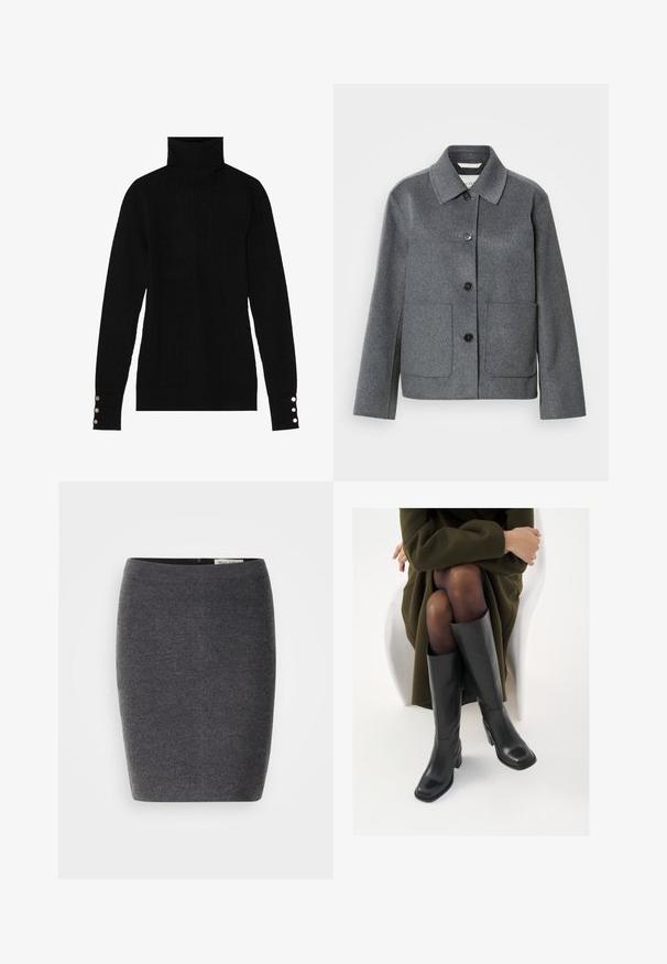 Grijze jas van een wolmix met een kraag, knoopsluiting aan de voorkant en twee grote zakken. Recht gesneden mouwen met een gladde textuur.; Zwarte coltrui met een ribbelstructuur. Beschikt over aansluitende lange mouwen met drie zilveren knopen bij elke manchette.; Grijze wollen kokerrok met een soepele textuur en een aansluitend ontwerp, met een discrete tailleband en geen zichtbare versieringen.; Knieschijf hoge zwarte leren laarzen met een vierkante neus en blokhak, getoond met een model dat zit in een olijfgroene jas. Gladde textuur, minimale details.