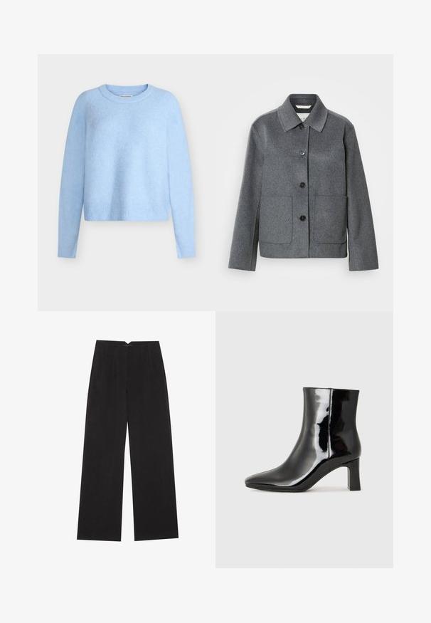 Veste en mélange de laine grise avec col, fermeture boutonnée à l'avant et deux grandes poches. Manches droites avec une texture lisse.; Pull court bleu clair en tissu doux et texturé. Comprend des manches longues ainsi qu'un col et un ourlet côtelés. Design classique à col rond.; Anna Field Pantalon classique - black; Bottines en cuir verni noir avec un bout pointu et un talon block de hauteur moyenne. Texture lisse et design minimaliste.