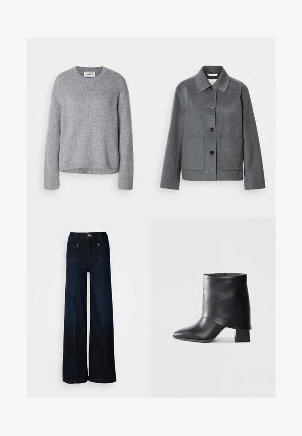 Chaqueta de mezcla de lana gris con cuello clásico, cierre frontal de botones y dos bolsillos grandes. Mangas de corte recto con textura suave.; Suéter de lana tejido en gris claro con mangas largas y puños, dobladillo y cuello redondo acanalados, exhibido sobre un fondo blanco.; Jeans de mezclilla de pierna ancha en azul oscuro. Presentan bolsillos frontales, herrajes en tono dorado y costuras en contraste. Textura suave con un diseño casual.; Bota de cuero negro hasta el tobillo con punta afilada, textura suave y un tacón bloque estructurado. Presenta un diseño de puño alto y doblado.