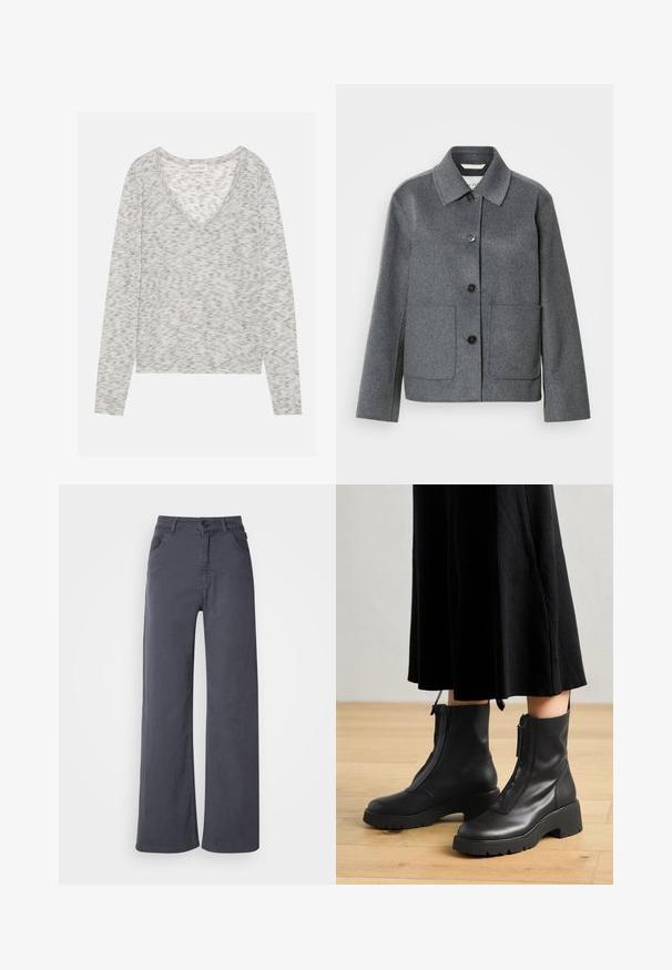 Chaqueta de mezcla de lana gris con cuello clásico, cierre frontal de botones y dos bolsillos grandes. Mangas de corte recto con textura suave.; Top gris de manga larga con un diseño de cuello en V, que presenta una sutil textura moteada y un material de punto suave. La etiqueta dice "ANNA FIELD."; Pantalones rectos de color gris oscuro con bolsillos frontales, pasadores para cinturón y un cierre de botón y cremallera sobre un fondo blanco.; Botas de tobillo de cuero negro con suela de plataforma gruesa y cremallera delantera. Textura suave con un diseño minimalista.