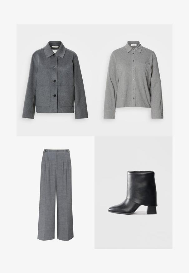 Chaqueta de mezcla de lana gris con cuello clásico, cierre frontal de botones y dos bolsillos grandes. Mangas de corte recto con textura suave.; Camisa gris de botones hecha de tela suave, con cuello, manga larga, un bolsillo en el pecho y un puño abotonado con detalle del logo.; Pantalones de pierna ancha gris, confeccionados en un tejido texturizado, con un cierre de doble botón y pliegues frontales que añaden un detalle de diseño adicional.; Bota de cuero negro hasta el tobillo con punta afilada, textura suave y un tacón bloque estructurado. Presenta un diseño de puño alto y doblado.