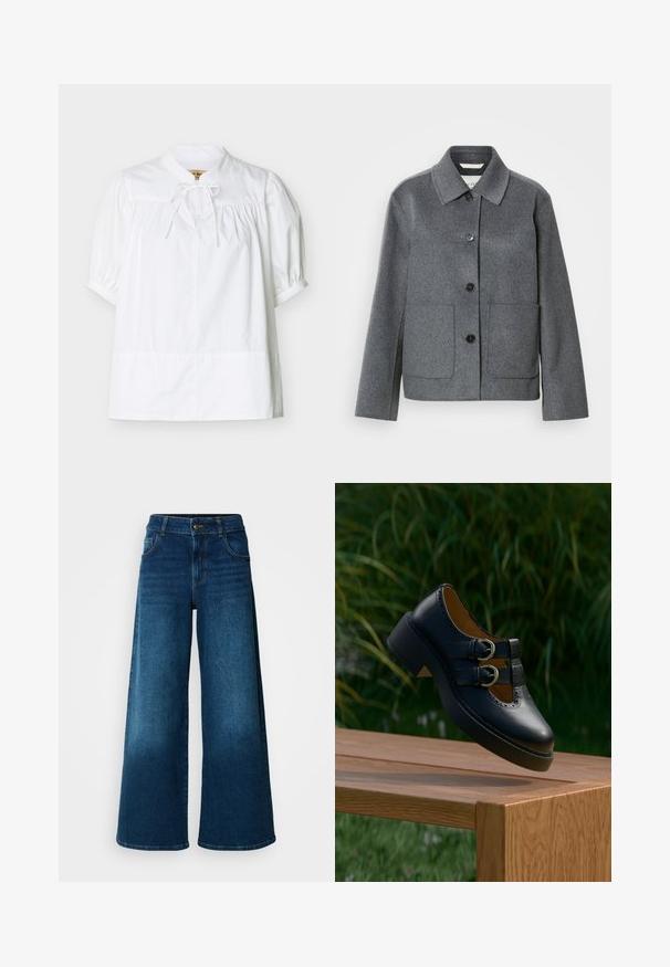 Veste en mélange de laine grise avec col, fermeture boutonnée à l'avant et deux grandes poches. Manches droites avec une texture lisse.; Blouse blanche à manches courtes avec empiècement froncé et manches bouffantes, dotée d'un petit col montant avec un nœud noué au niveau du cou.; Jean large en denim bleu foncé. Doté d'une taille haute, d'une fermeture à bouton et d'un design classique à cinq poches avec une légère décoloration.; Chaussure noire en cuir à double boucle avec des détails perforés flottant au-dessus d'un banc en bois à l'extérieur avec de l'herbe verte et des plantes en arrière-plan.
