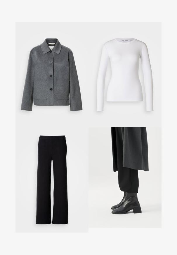 Veste en mélange de laine grise avec col, fermeture boutonnée à l'avant et deux grandes poches. Manches droites avec une texture lisse.; Chemise blanche à manches longues en tissu côtelé, avec un col rond et une coupe cintrée. Aucun motif ni accent présent.; Pantalons noirs à jambes larges avec des rayures verticales, fabriqués à partir d'un tissu texturé. Dotés d'une taille élastiquée pour plus de confort.; Bottines en cuir noir à talons blocs bas portées avec un pantalon noir et un long manteau gris foncé.