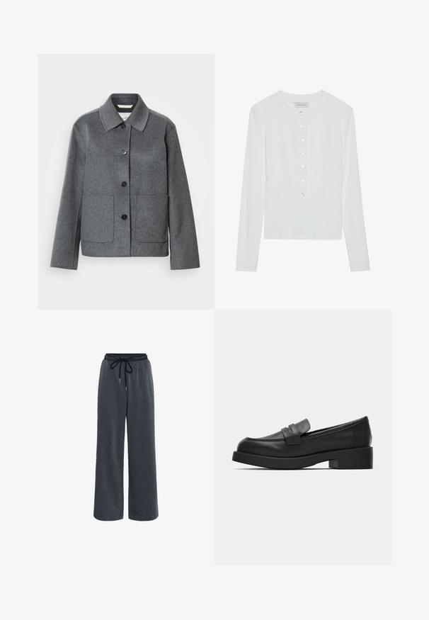 Veste en mélange de laine grise avec col, fermeture boutonnée à l'avant et deux grandes poches. Manches droites avec une texture lisse.; Haut à manches longues blanc en tissu côtelé, avec un col rond et un devant boutonné comportant six boutons transparents.; Kaffe KANEVIL - Pantalon classique - dark grey melange; Mocassins en cuir noir à texture lisse, bout arrondi et petit talon bloc. Ils comportent une bride sur le dessus pour un détail supplémentaire.